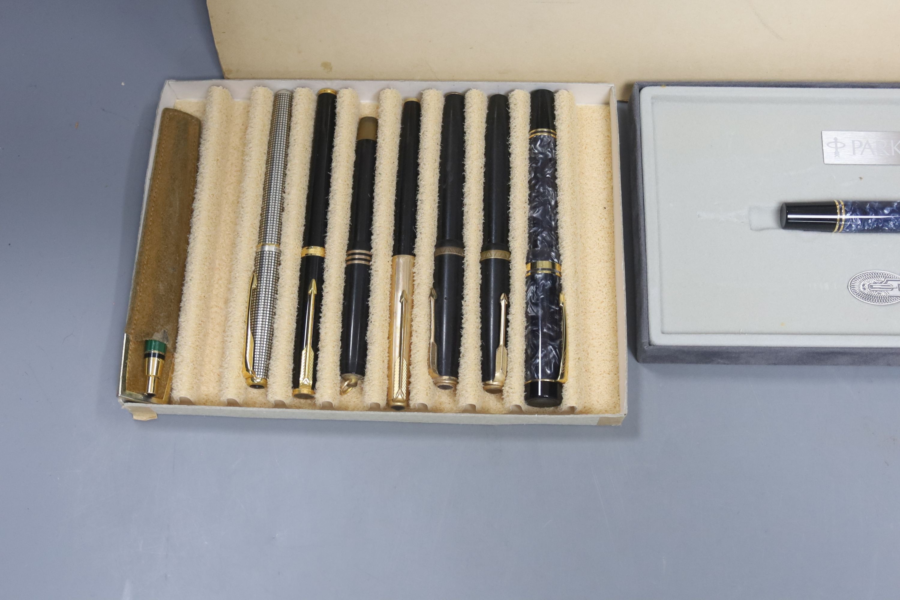 A cased Parker Duofold Centennial fountain pen and 8 others